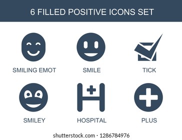 positive icons. Trendy 6 positive icons. Contain icons such as smiling emot, smile, tick, smiley, hospital, plus. positive icon for web and mobile.