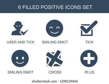 positive icons. Trendy 6 positive icons. Contain icons such as user and tick, smiling emot, tick, cross, plus. positive icon for web and mobile.