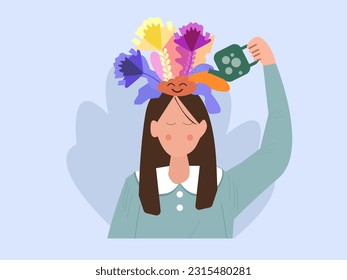 A positive idea is a woman watering a plant happy idea. vector illustration.

