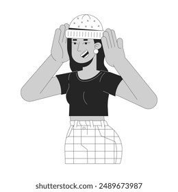 Positive indian woman in hat black and white 2D line cartoon character. Smiling hindu female with knitted clothes item isolated vector outline person. Fashion monochromatic flat spot illustration