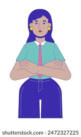 Positive indian woman leader 2D linear cartoon character. South asian businesswoman with crossed arms isolated line vector person white background. Female leader color flat spot illustration