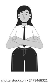 Positive indian woman leader 2D linear cartoon character. South asian businesswoman with crossed arms isolated vector outline person. Female leader look monochromatic flat spot illustration