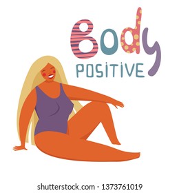 Positive inspirational banner plus size woman in swimming suit, vector illustration on white background. Body positive banner, poster