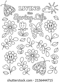 Positive, Inspirational Hand drawn coloring pages for kids and adults. Beautiful drawings with patterns and details. Coloring book pictures with blooming branches, flowers, smile, stickers, quotes