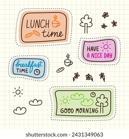 Positive, inspirational lettering phrases sticker set. Good morning, breakfast time, lunch time, have a nice day doodles. Vector illustration