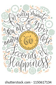 Positive inspirational vector lettering card. Handdrawn color detailed iilustration. For every minute you are angry you lose sixty seconds of happiness