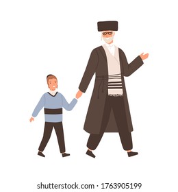 Positive jewish family grandfather and grandchild vector flat illustration. Happy elderly man and child walking together holding hands isolated on white. Friendly smiling grandparent and grandson