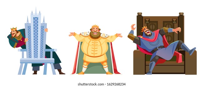 Positive kings roar with laughter. Cartoon different monarch characters set illustration isolated on white background. Kings - tall and short, slim and fat, young and old.