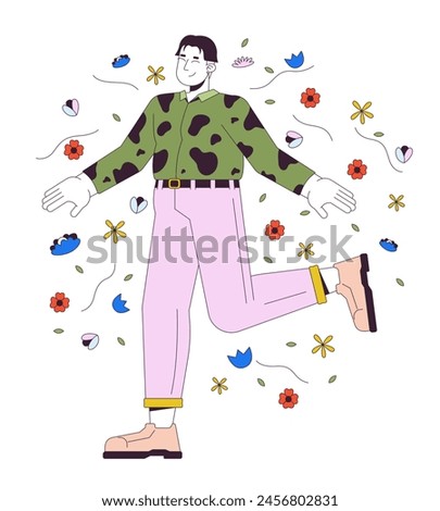 Positive korean man with overweight 2D linear cartoon character. Plump asian male in flowers isolated line vector person white background. Self love and acceptance color flat spot illustration