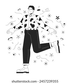 Positive korean man with overweight black and white 2D line cartoon character. Plump asian male in flowers isolated vector outline person. Self love and acceptance monochromatic flat spot illustration