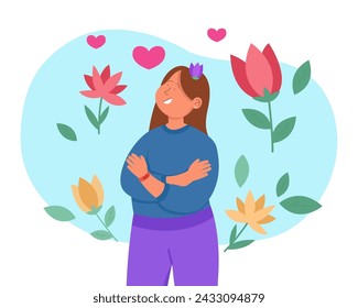 Positive lady hugging herself. Vector illustration. Flowers and hearts on background. Expressing self love and care concept