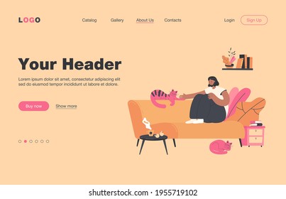 Positive lady sitting on cozy sofa with cats flat vector illustration. Cartoon woman relaxing at home and drinking evening tea. Comfort and comfortable rest interior concept