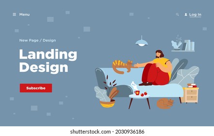 Positive lady sitting on cozy sofa with cats flat vector illustration. Cartoon woman relaxing at home and drinking evening tea. Comfort and comfortable rest interior concept