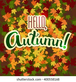 Positive Lettering composition Hello Autumn on colored background with fallen leaves 