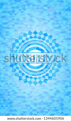 Positive light blue emblem with triangle mosaic background