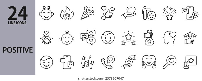 Positive line icons set with Success, Smile, Heart, Optimism, Love, Handshake, Happy, Feeling, Enjoyment, Happiness, Mood and more. Editable Stroke