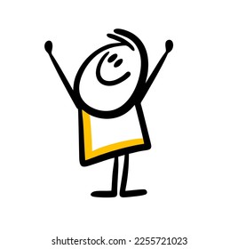 Positive little boy pulls up his arms for a hug with his parents. Vector doodle illustration of hand drawn cheerful child.