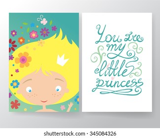 Positive Little Princess card. Vector cartoon illustration.