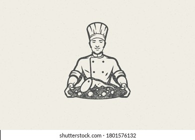 Positive male chef with mustache holding plate roasted pork hand drawn stamp effect vector illustration. Vintage grunge texture emblem for menu design or label decoration.