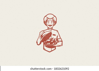 Positive male chef with mustache holding cloche over tray with whole roasted chicken hand drawn stamp effect vector illustration. Vintage grunge texture emblem for menu design or label decoration.