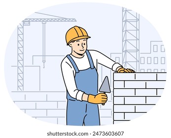 Positive male worker in uniform and helmet building house with bricks. Smiling man engineer busy laying blocks at construction site. Vector illustration.