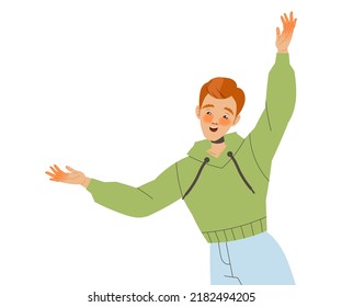 Positive Man Character With Raised Hands And Smiling Face Feeling Euphoric And In High Spirits Vector Illustration