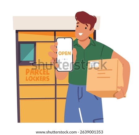 Positive man customer character promoting express self service of postal parcels lockers cartoon scene. Young guy showcasing mobile phone application for access to post cell vector illustration