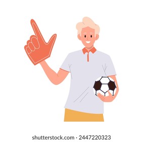 Personaje de dibujos animados del fan del fútbol del hombre positivo que sostiene la bola de fútbol y la mano de la espuma aislados en blanco