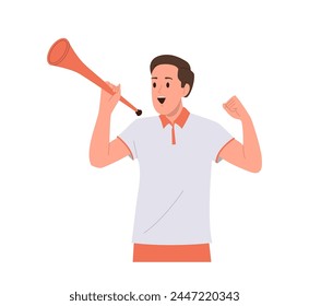 Positive man football fan cartoon character blowing in trumpet cheering for favorite soccer team