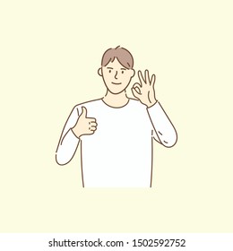 Positive man with positive gestures, Ok and Like Thumb Up. Happy office worker. Hand drawn vector illustration. Doodle style design.