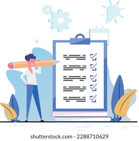 Hombre positivo con un lápiz gigante sobre el hombro cerca de la lista de verificación marcada en el papel del portapapeles. Finalización satisfactoria de las tareas empresariales. Ilustración vectorial plana.