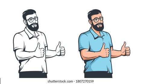 Positive man with glasses beard and thumb up gesture. Hipster smiling and shows like gesture. Vector cartoon retro illustration.