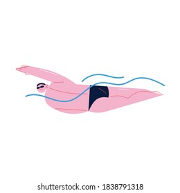 Positive man in goggles and swimwear swimming crawl style in swimming pool