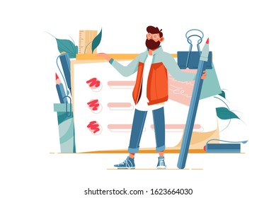 Positive man holding giant pencil at big complete checklist with tick marks vector illustration. Bearded male organizing plans and goals cartoon design. To do list and planning concept