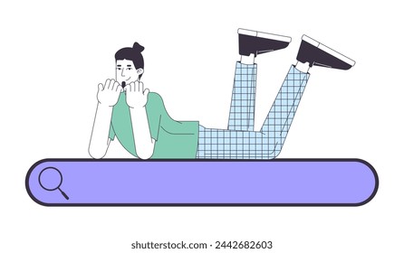 Positive man lying on search bar 2D linear cartoon character. Caucasian male computer user isolated line vector person white background. Browsing information on internet color flat spot illustration