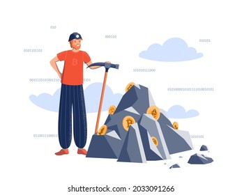 Positive man with a pickaxe in a miner's helmet near the mountain with crypto coins. Mining crypto currencies, exchange rates, mining farms, finance, blockchain, calculations in crypto currency. Vecto