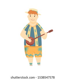 Positive man playing ukulele. Happy Hawaiian boy playing guitar and singing. Can be used for topics like culture, vacation, folk.