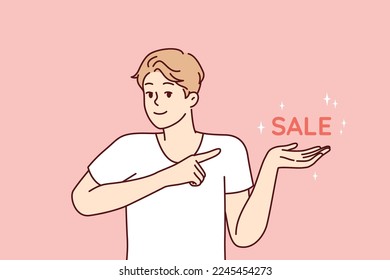 Positive man pointing finger at inscription sale, inviting for profitable shopping in supermarket or online store. Optimistic guy dressed in casual t-shirt for marketing campaign. Flat vector design 