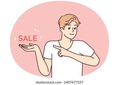 Positive man pointing finger at inscription sale, inviting for profitable shopping in supermarket or online store. Optimistic guy dressed in casual t-shirt for marketing campaign. Flat vector design