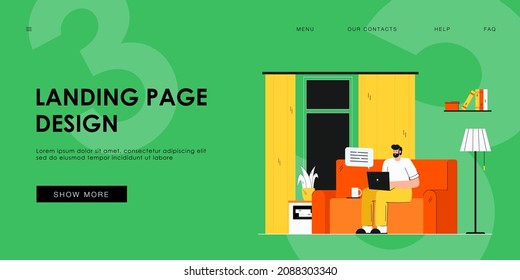 Positive man sitting on sofa and working on laptop flat vector illustration. Cartoon bearded guy having chat via computer at home. Freelance and communication concept
