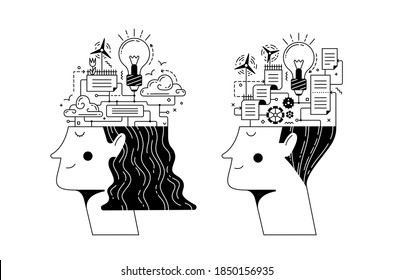 Positive man and woman heads full of connected details and schemes as concept of mental process operations and health on white background cartoon illustration