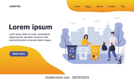 Positive man and woman sorting waste. Volunteers, trash bin, garbage collecting flat vector illustration. Recycling, separation, volunteering concept for banner, website design or landing web page