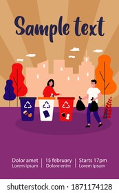 Positive man and woman sorting waste. Volunteers, trash bin, garbage collecting flat vector illustration. Recycling, separation, volunteering concept for banner, website design or landing web page