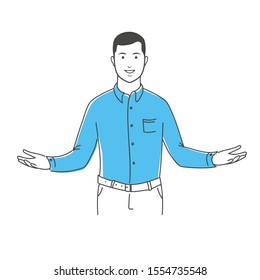 Positive manager gesturing outline stock vector illustration. Happy businessman with open arms for hug over white background. Young manager something demonstrates.