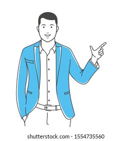 Positive manager gesturing outline stock vector illustration. Happy businessman pointing finger away over white background. Young manager something demonstrates.
