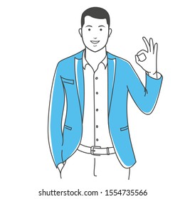 Positive manager gesturing outline stock vector illustration. Happy businessman showing okay gesture white background. Young manager something demonstrates.