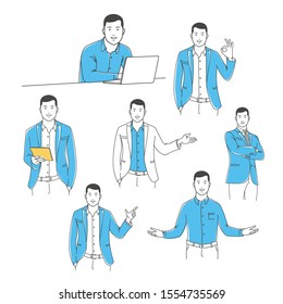 Positive manager gesturing outline stock vector illustration set. Man pointing finger away, sitting with laptop and standing with folded arms white background. Young manager something demonstrates.
