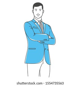 Positive manager outline stock vector illustration. Happy confident businessman with folded arms over white background. Young manager something demonstrates.