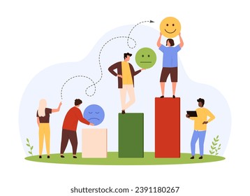 Positive marketing strategy, improvement results vector illustration. Cartoon tiny people improve mood and customer satisfaction with product, team climbing stairs with unhappy and happy emoji