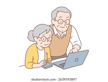 Positive mature elderly couple using laptop together learning computer communicating online together. Senior people and technologies concept. Hand drawn style vector design illustrations.